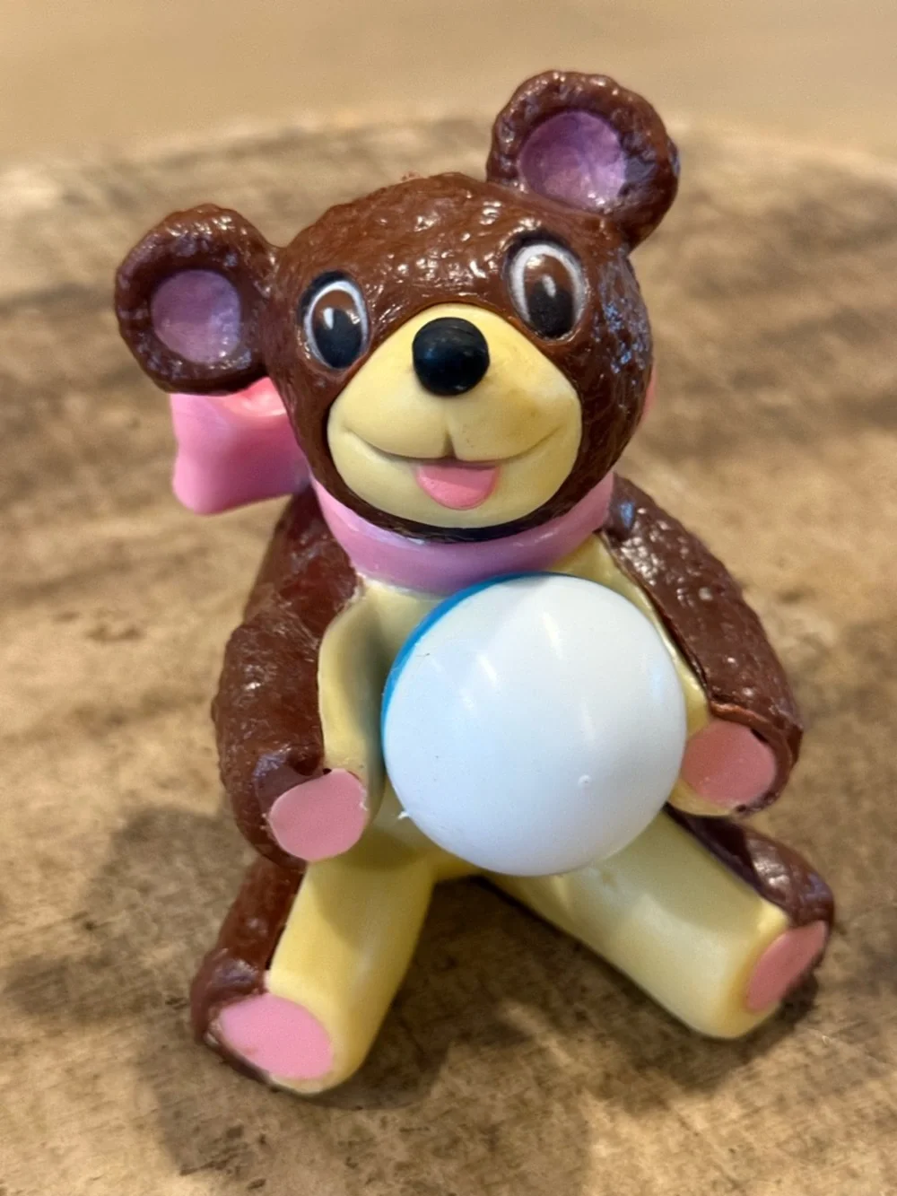 Vintage Brown and Pink Bear Toy Figure with Ball Cake Topper